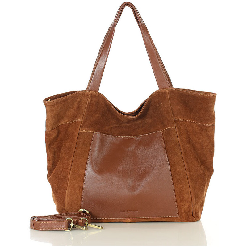 MARCO MAZZINI Veľká nákupná taška zo semišovej kože s vreckom | hnedá 67198502