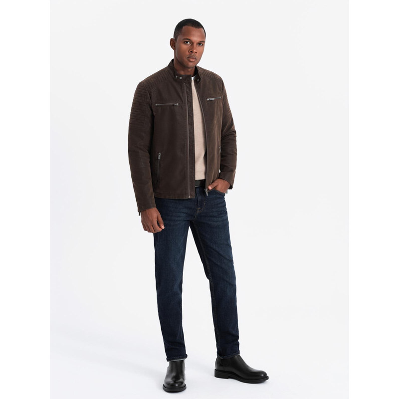 Ombre Mens retro biker jacket with stand-up collar - brown 57918659