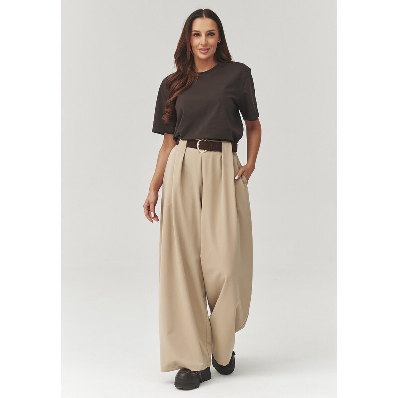 Makadamia Elegantné široké nohavice so záhybmi C34 | béžová C34 67224901