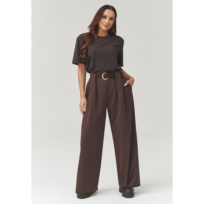 Makadamia Elegantné široké nohavice so záhybmi C34 | čokoládová C34 67224903