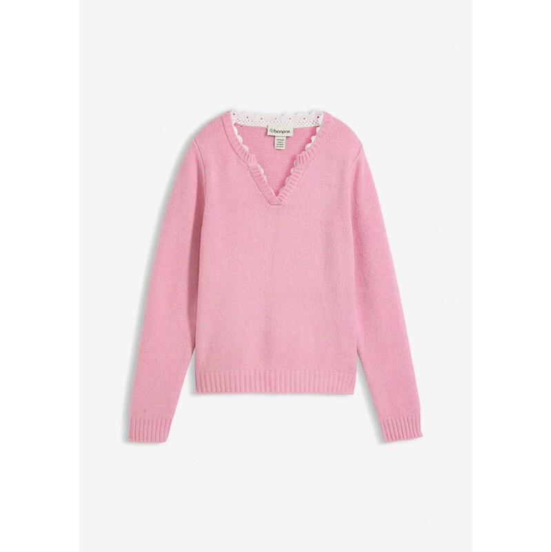 bonprix Pulóver s čipkou, farba ružová 67232725
