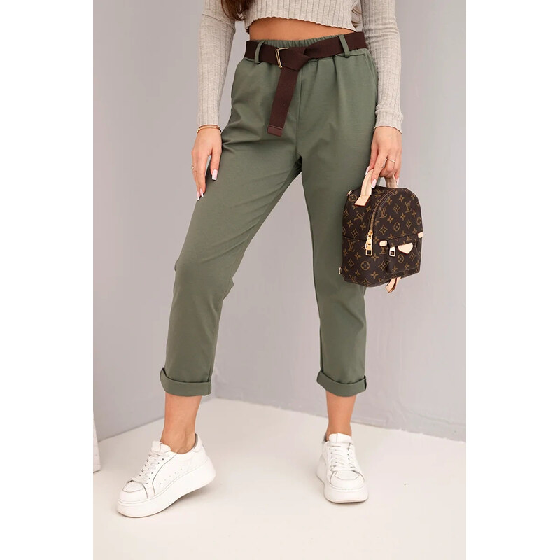K-Fashion Dámske bavlnené nohavice s opaskom a ohrnutým lemom khaki 67263678