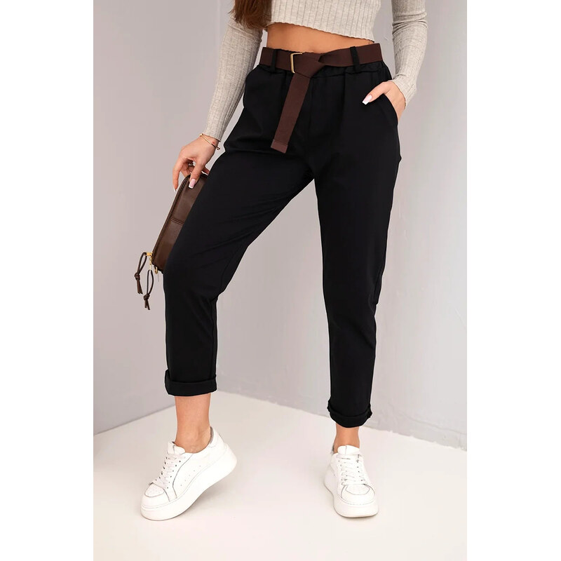K-Fashion Dámske bavlnené nohavice s opaskom a ohrnutým lemom čierne 67263682