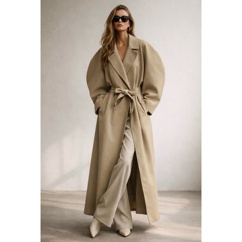 Dámsky oversize trenčkot s opaskom MiaSmi - béžový 67258226