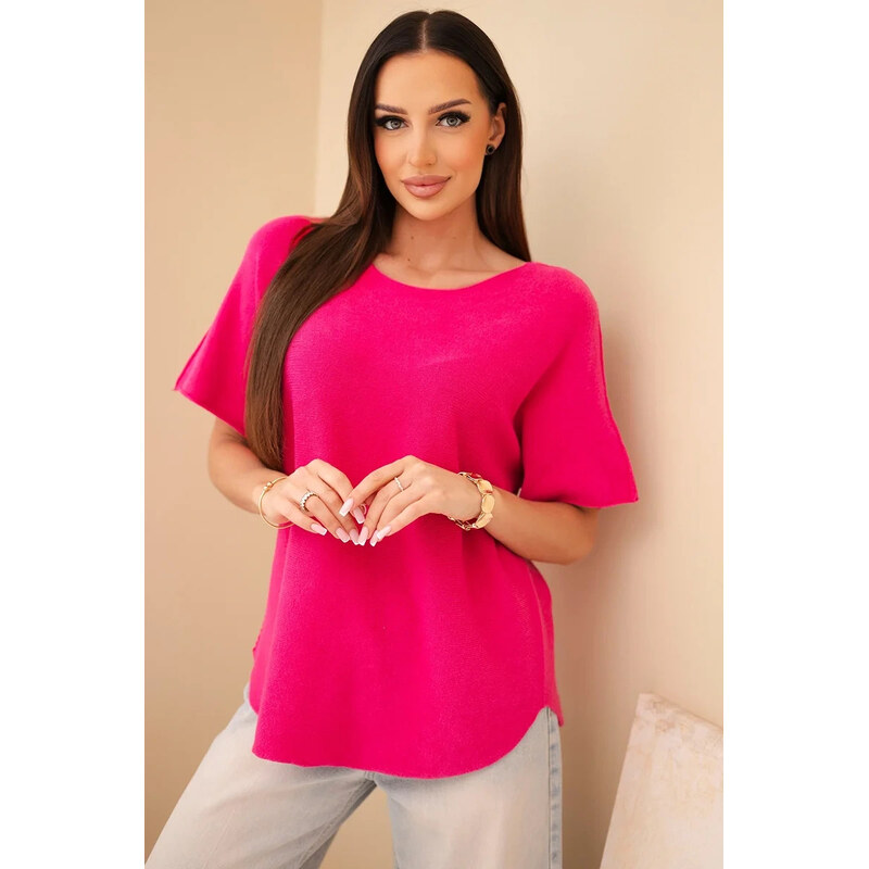 K-Fashion Dámsky sveter s krátkym rukávom voľného strihu vo fuchsiovej 67263708