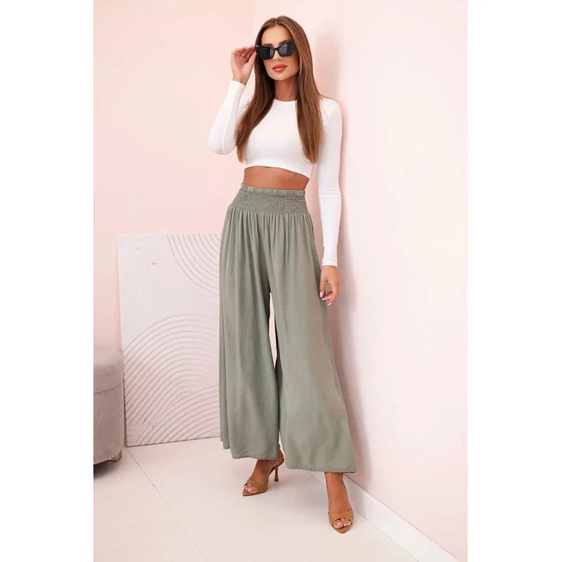 K-Fashion Dámske viskózové nohavice s elastickým pásom khaki 67280005