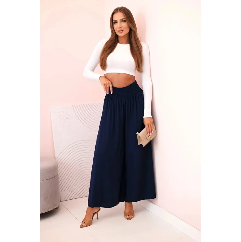 K-Fashion Dámske viskózové nohavice s elastickým pásom tmavomodré 67280003