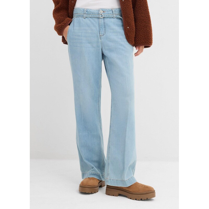 bonprix Džínsy Wide-Leg, Mid Waist, s opaskom, farba modrá 65806449