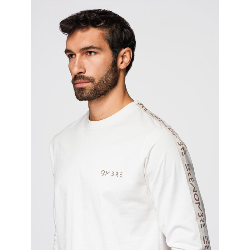 Ombre Mens cotton U-neck longsleeve with piping and chest print - 64791197