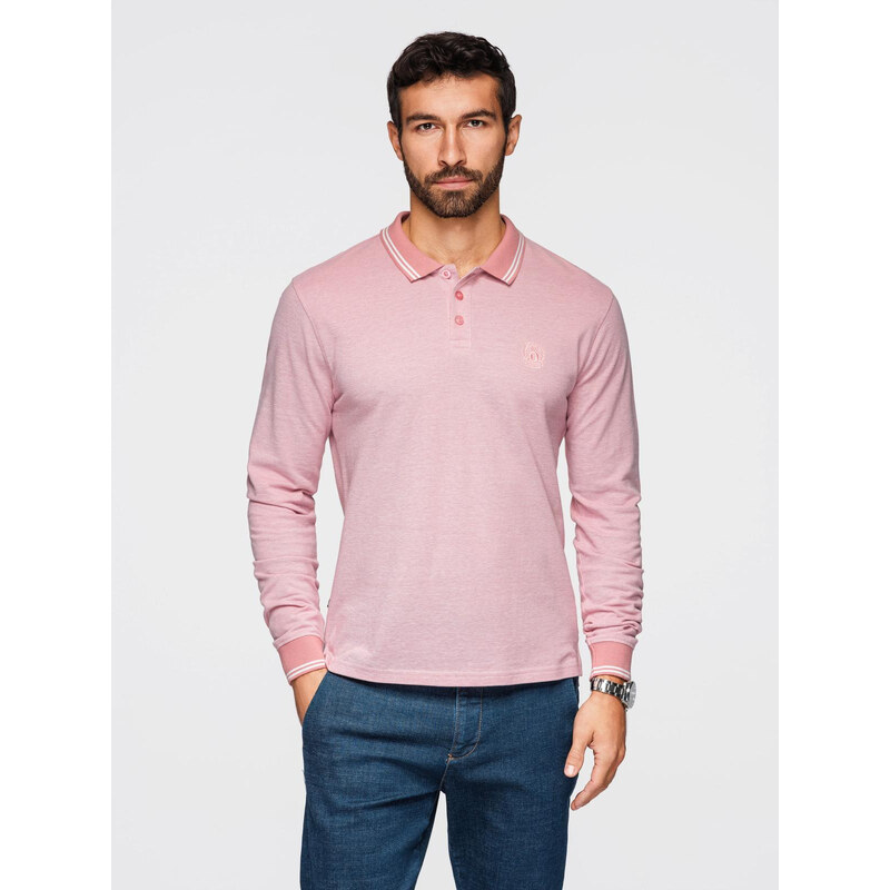 Ombre Mens melange polo longsleeve with embroidery - pink melange 64785811