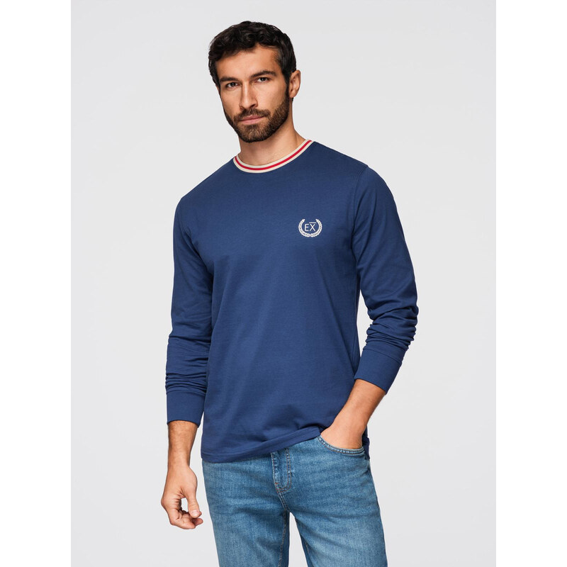 Ombre Mens cotton longsleeve with striped U neckline and embroidery - 64791195