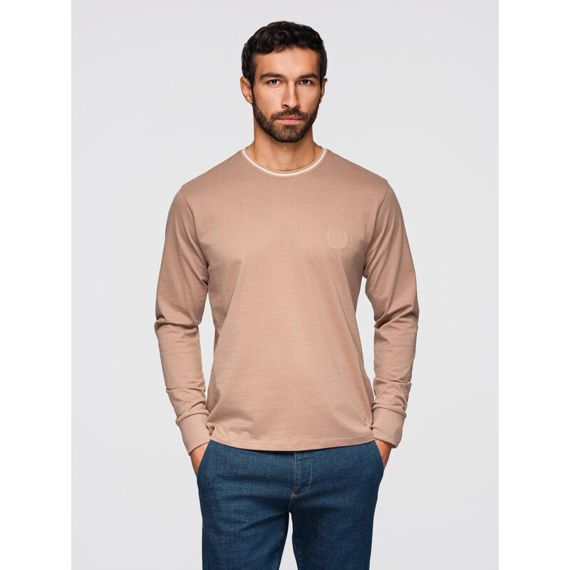 Ombre Mens cotton longsleeve with striped U neckline and embroidery - 64791196