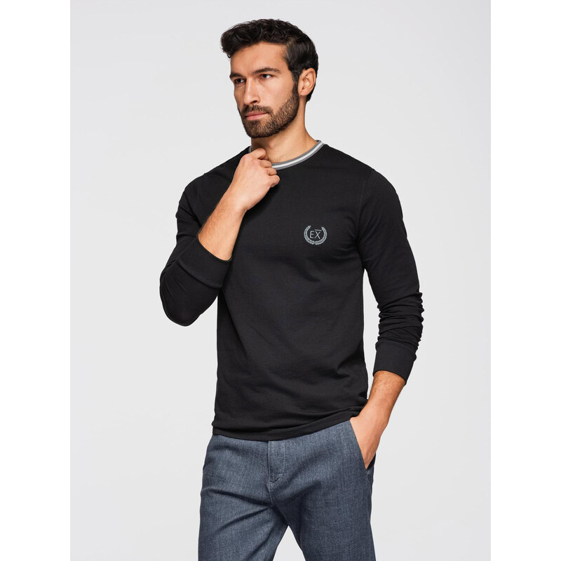 Ombre Mens cotton longsleeve with striped U neckline and embroidery - 64791194