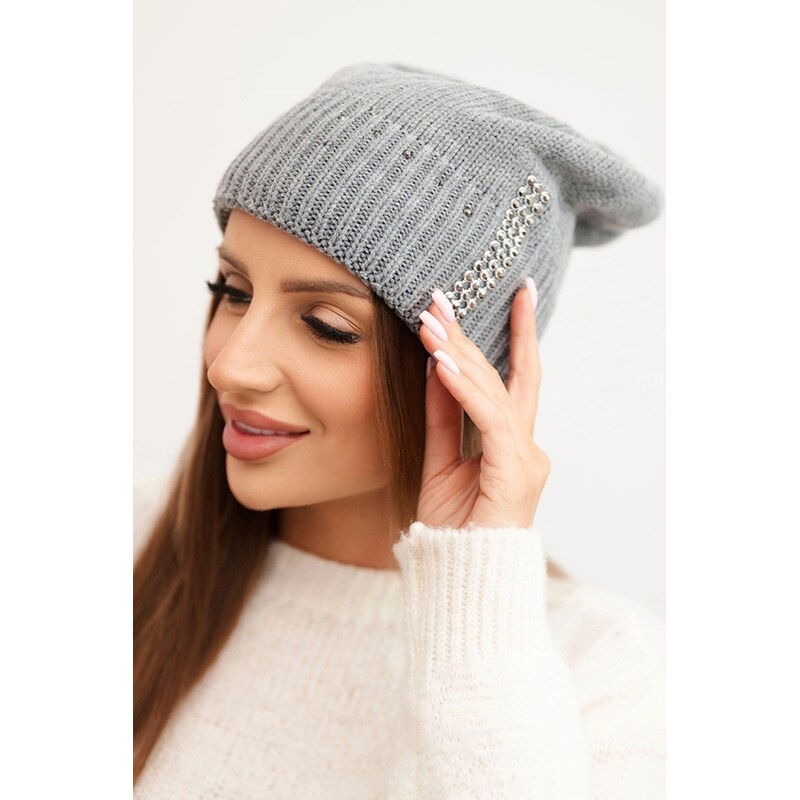 Kesi Dámska zimná čiapka z vlny s kryštálmi K453 šedá 66406787