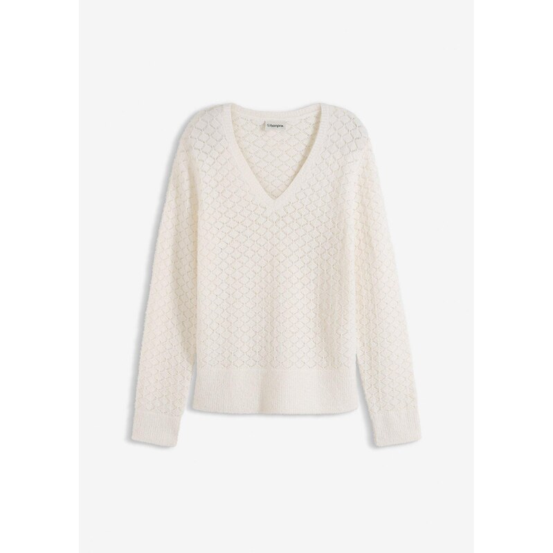 bonprix Ažúrový pulóver s ozdobnými vláknami, farba biela 67283005