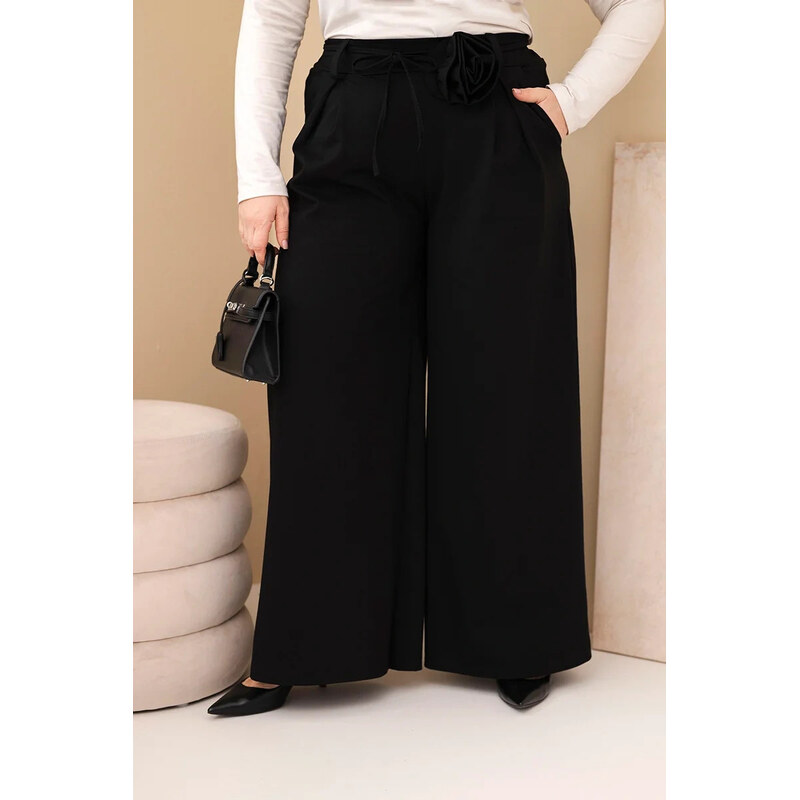 K-Fashion Plus veľkosť dámske široké nohavice s ozdobným kvetom v páse 67263504