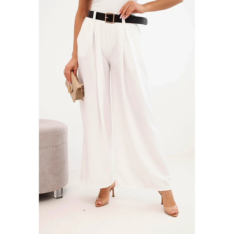 K-Fashion Dámske nohavice so širokými nohavicami a opaskom ecru ecru 67273274