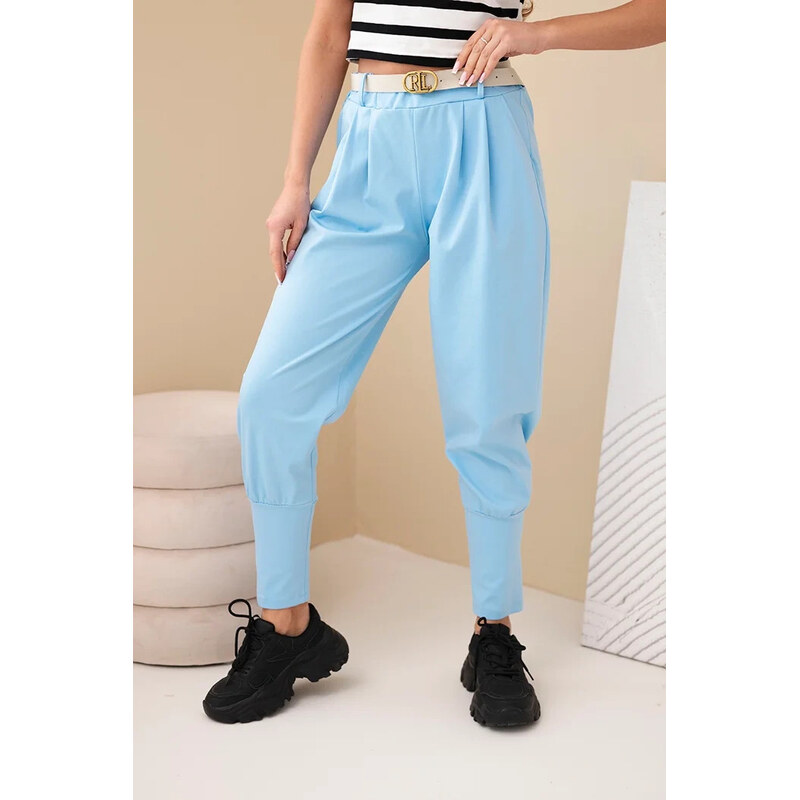 K-Fashion Dámske bavlnené nohavice s vysokým pásom a opaskom modré 67273320