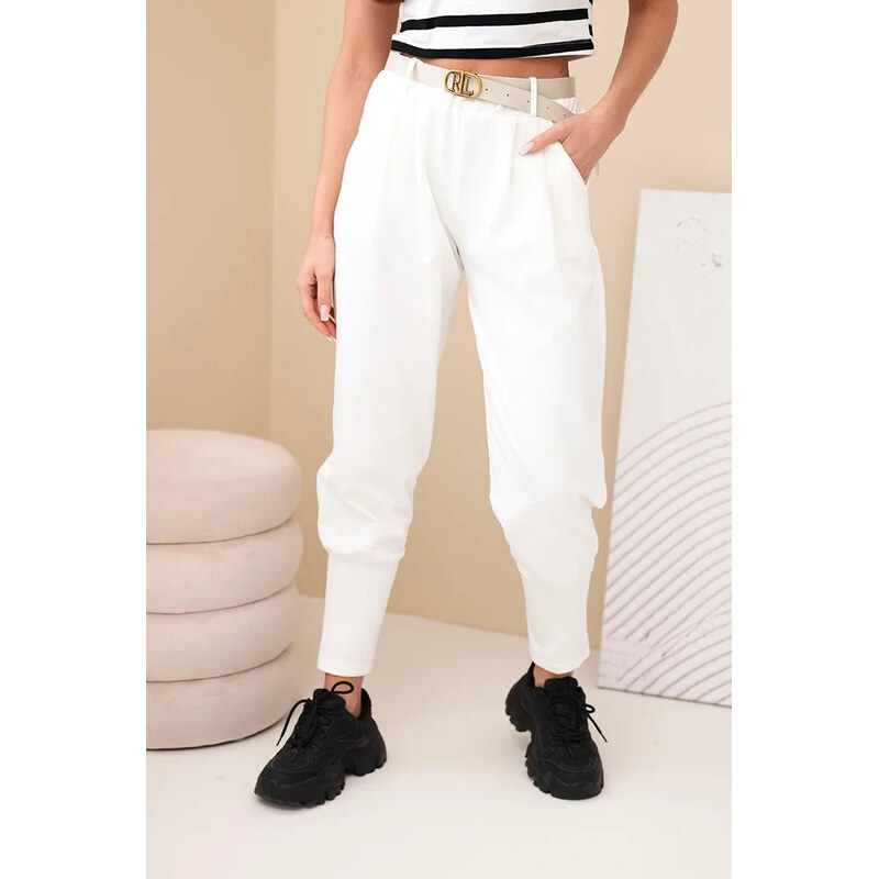 K-Fashion Dámske bavlnené nohavice s vysokým pásom a opaskom ecru 67273322