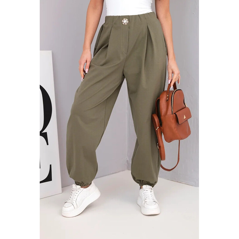 K-Fashion Dámske bavlnené nohavice s vysokým pásom a ozdobným khaki 67273328