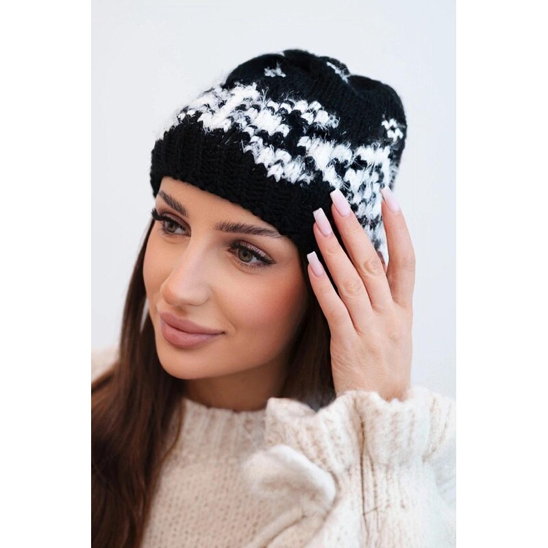 MladaModa Dámska čiapka s nórskym vzorom a hrubým pletením K351 čierna 67292571