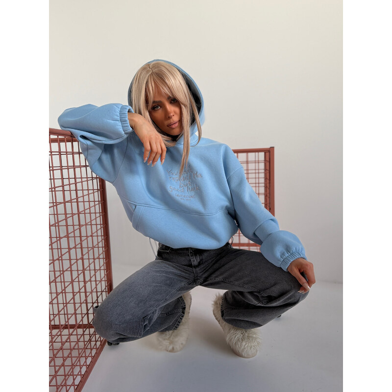 LaManuel Dámska oversize mikina s kapucňou a výšivkou - modrá 67310740