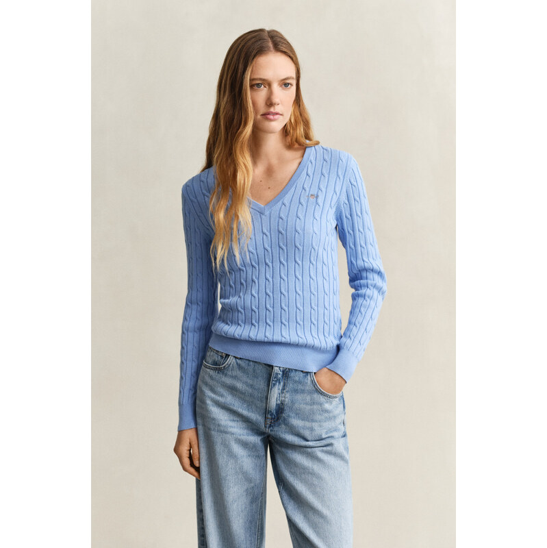 SVETER GANT STRETCH COTTON CABLE V-NECK PALACE BLUE 67313299