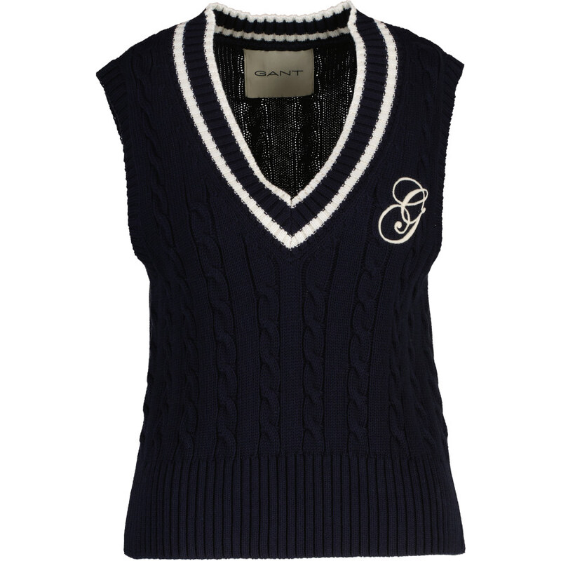 VESTA GANT CONTRAST COTTON CABLE V-NECK VEST EVENING BLUE 67313319