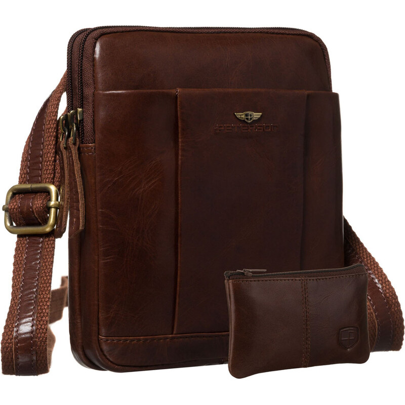 Peterson Dvojkomorová pánska hnedá kožená taška cez plece – kompaktná 65199322