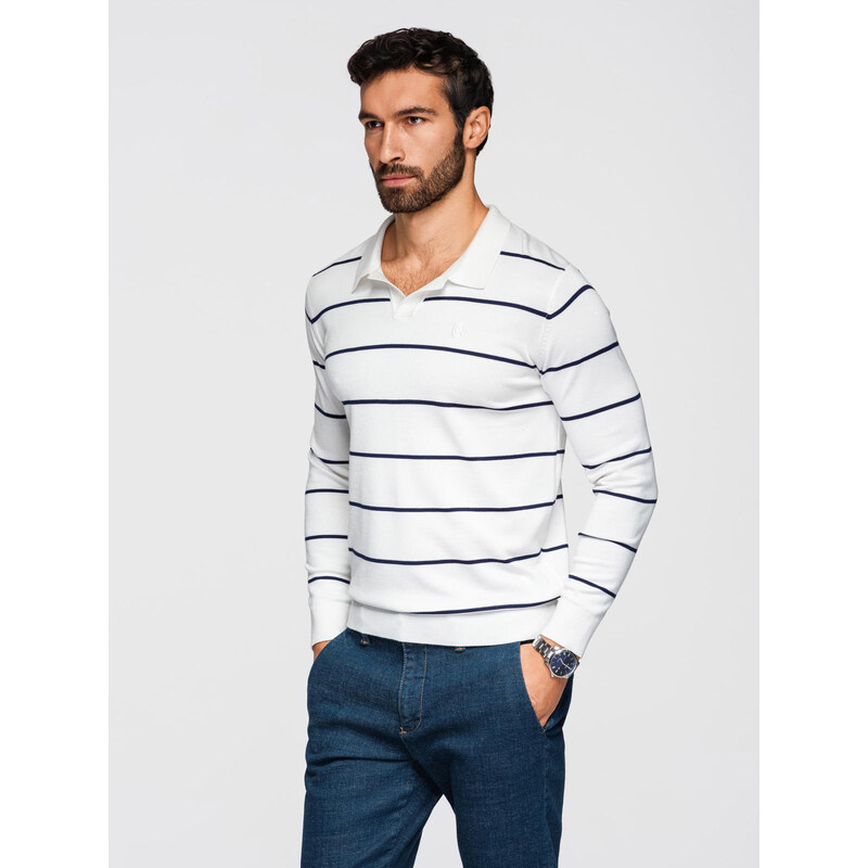 Ombre Mens horizontal striped polo longsleeve with viscose - white and 64791346
