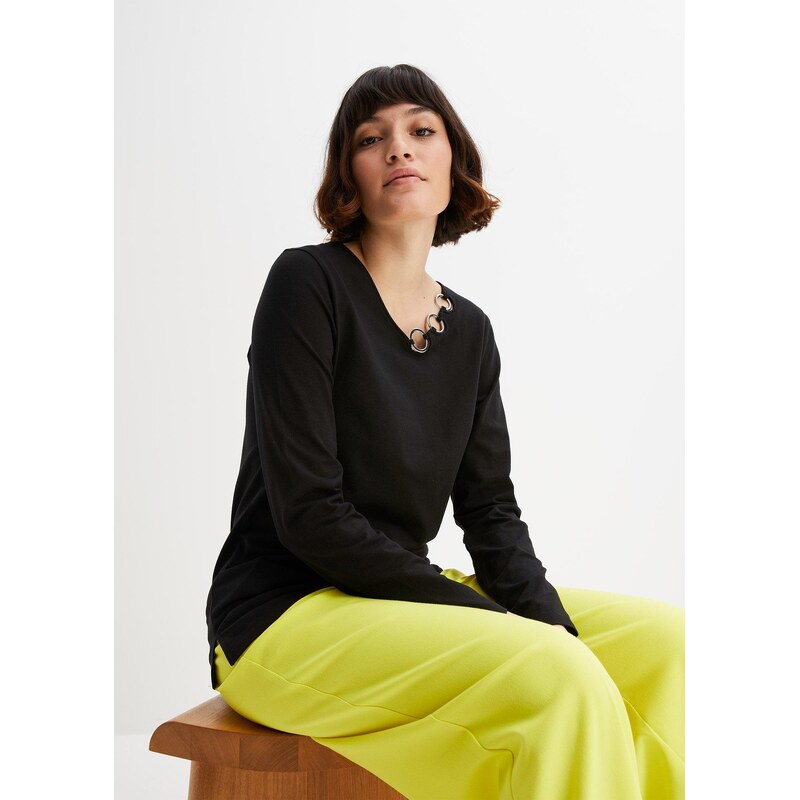 bonprix Tričko s dlhým rukávom s háčikmi, farba čierna 48681832