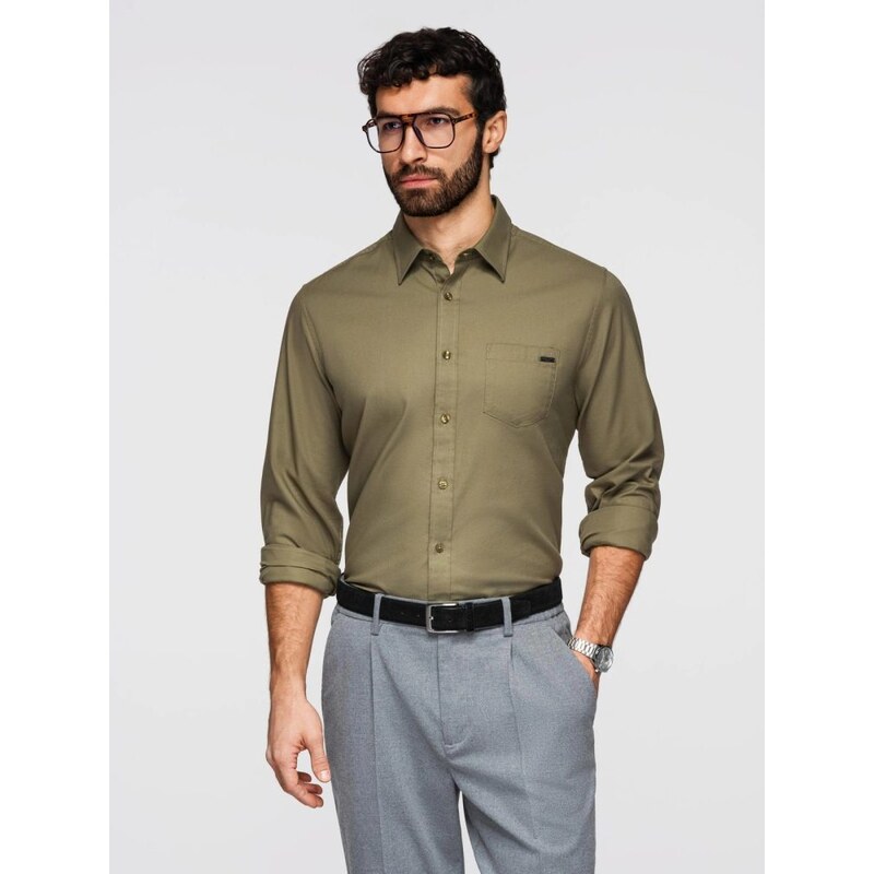 Ombre Clothing Pánska olivová košeľa s náprsným vreckom V2 K695 67339990