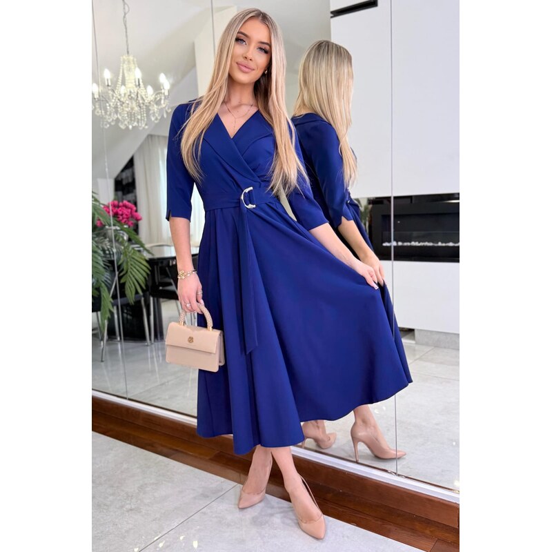 (veľ. 46, 48 a 50) Zavinovacie šaty so striebornou prackou tmavomodré 67439544