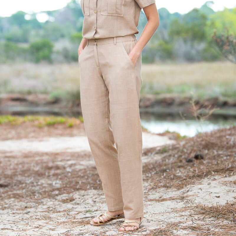 Chino nohavice zo zmesi bavlny a ľanu s pružným pásom béžová 036 61843587