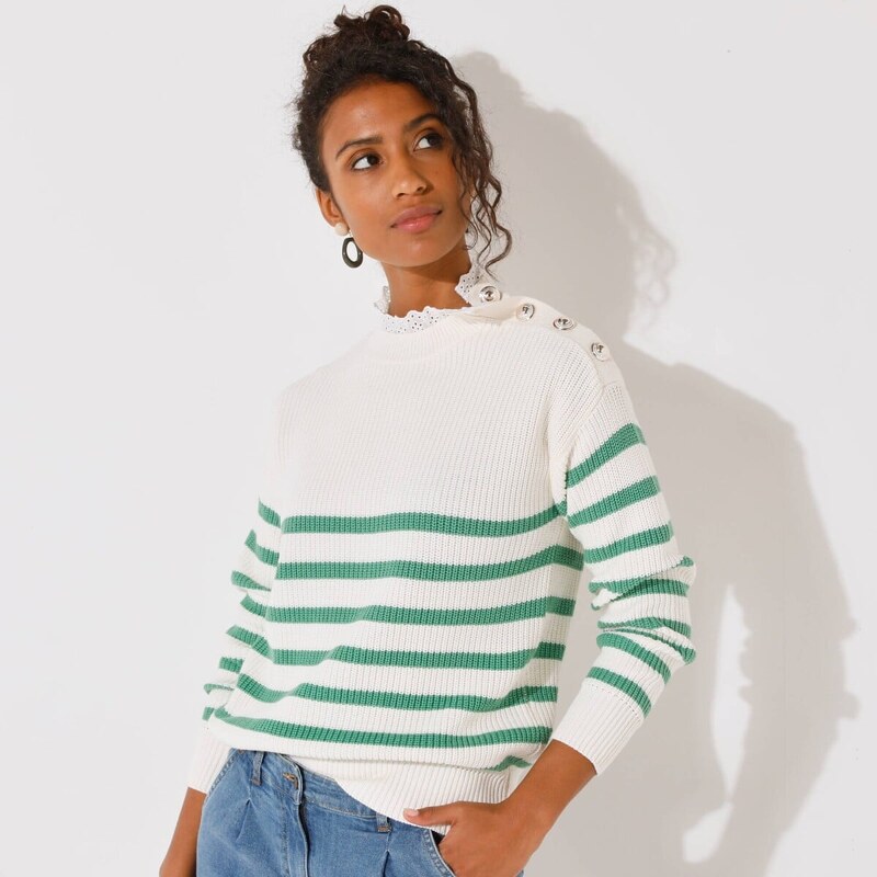 Pruhovaný pulóver so stojačikom z madeiry ražná/zelená 040 62054597