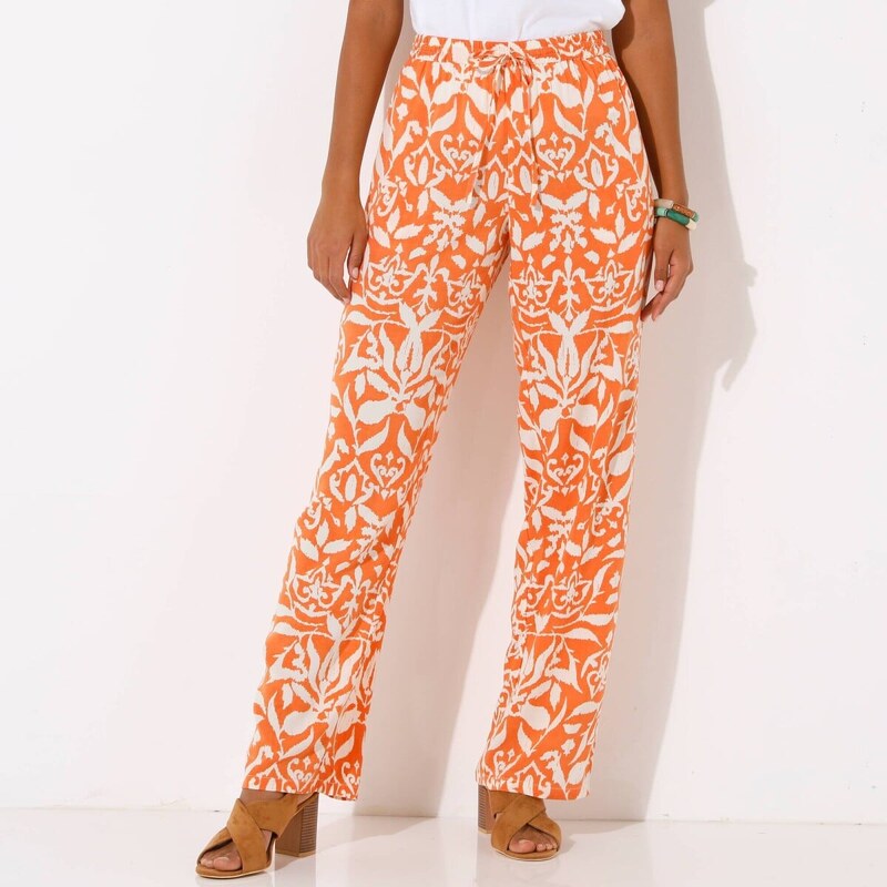 Široké splývavé nohavice z viskózy s potlačou mandarínková/béžová 036 61971428