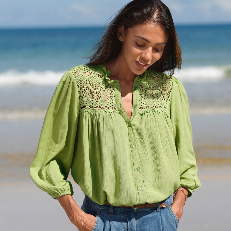 Krepónová blúzka s macramé a 7/8 rukávmi machová 046 Blancheporte 61971434