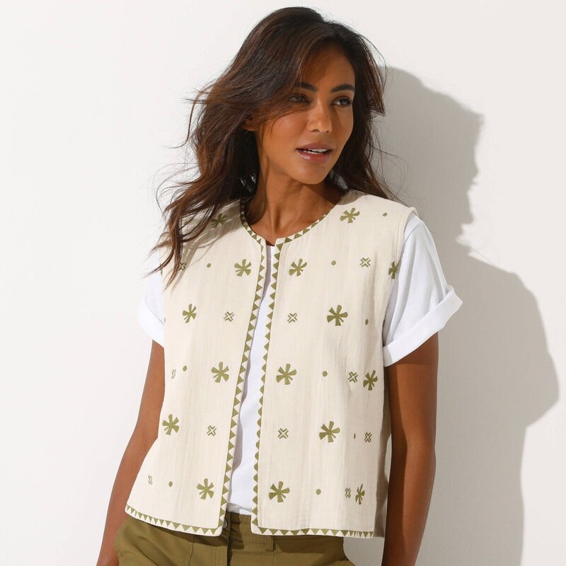 Mušelínová vesta s výšivkou ražná/khaki 048 Blancheporte 61971444