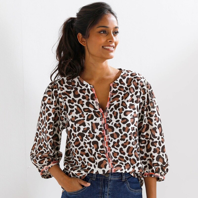 Bavlnená blúzka s výšivkou a 3/4 rukávmi, leopardia potlač ražná 61971451