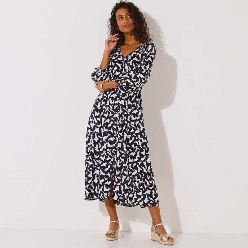 Dlhé krepónové šaty s gombíkmi a dvojfarebnou potlačou nám. modrá 62357426