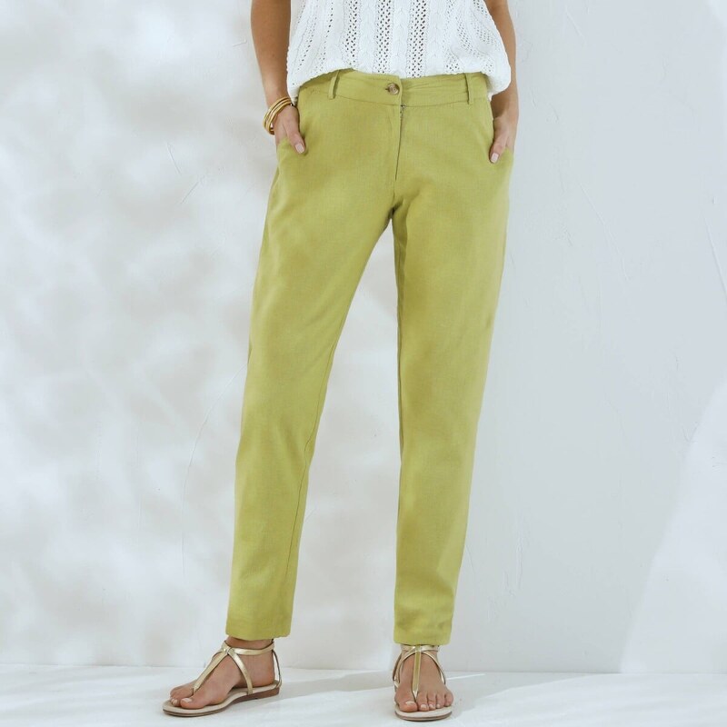 Chino nohavice s pružným pásom zo zmesi bavlny a ľanu machová 054 62999422