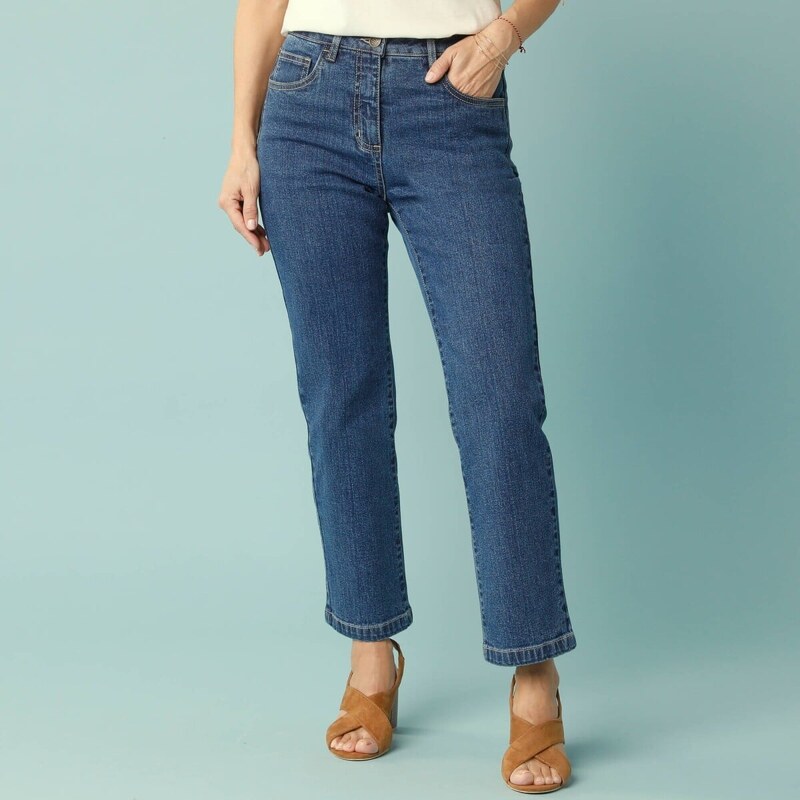 Rovné skrátené džínsy pre nižšiu postavu modrá 050 Blancheporte 62445657