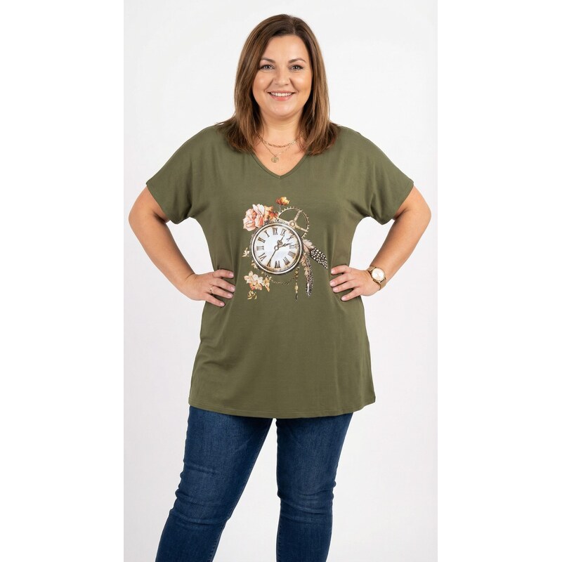Tričko s motívom hodín kaki zelené 67366763