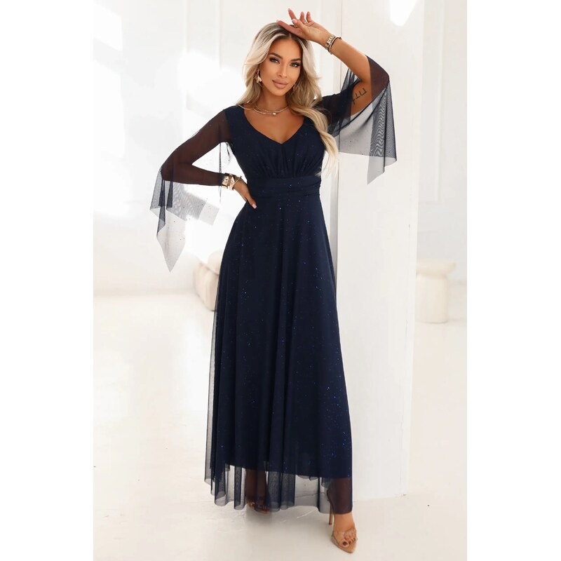 numoco basic Tmavomodré tylové šaty s trblietkami 67367134