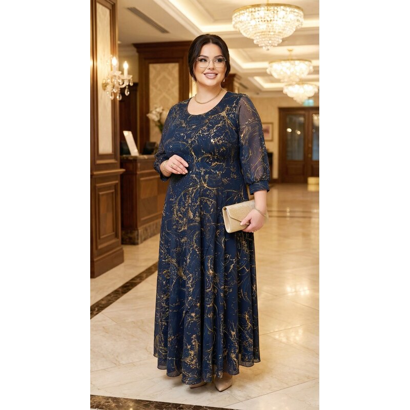 (veľ. 48) Dlhé šaty so zlatými špirálami tmavomodré 63884882