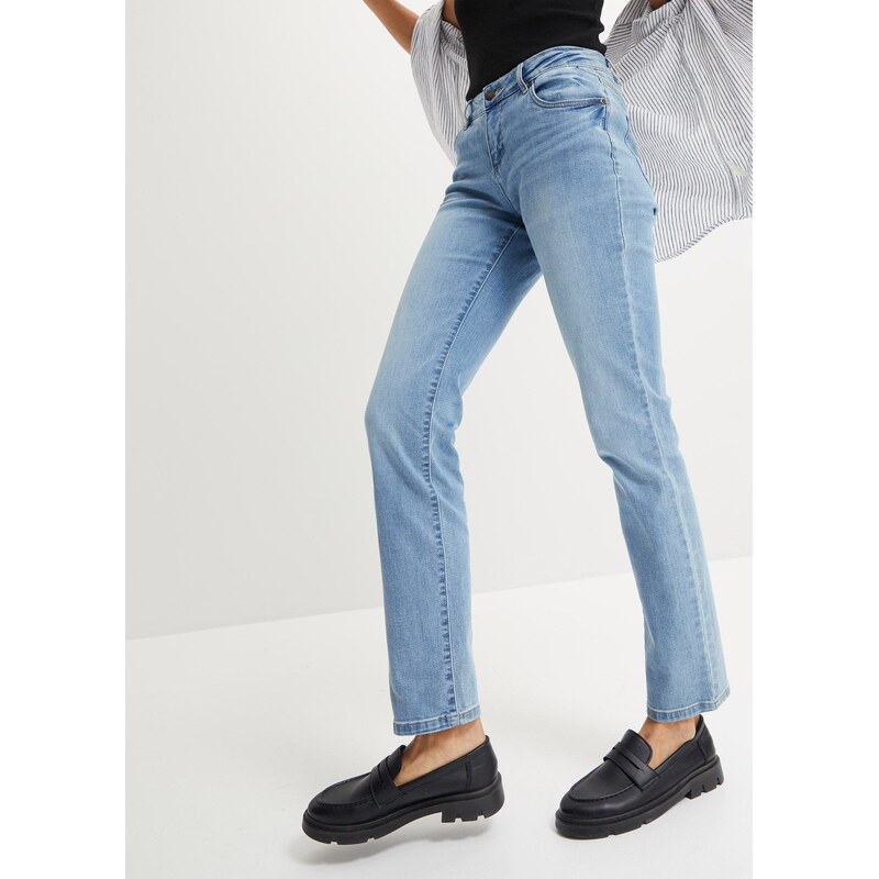 bonprix Strečové džínsy, rovné, Mid Waist, farba modrá 44731870