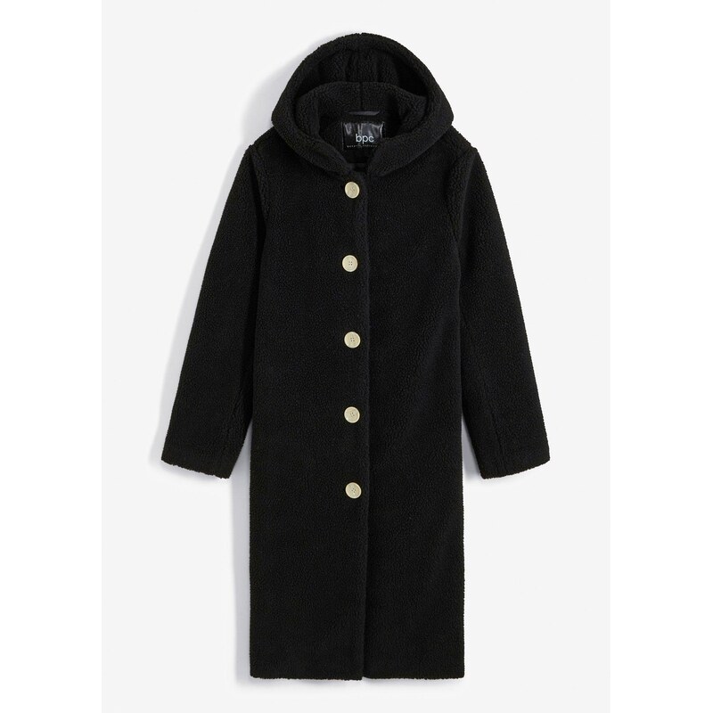 bonprix Kabát s kapucňou a vreckami, imitácia kožušiny, farba čierna 45574558