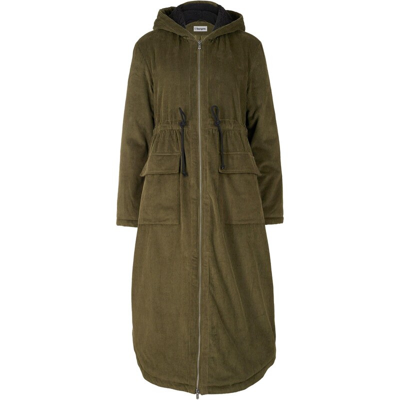 bonprix Kordový kabát s kožušinkou na kapucni,, farba zelená 44792851