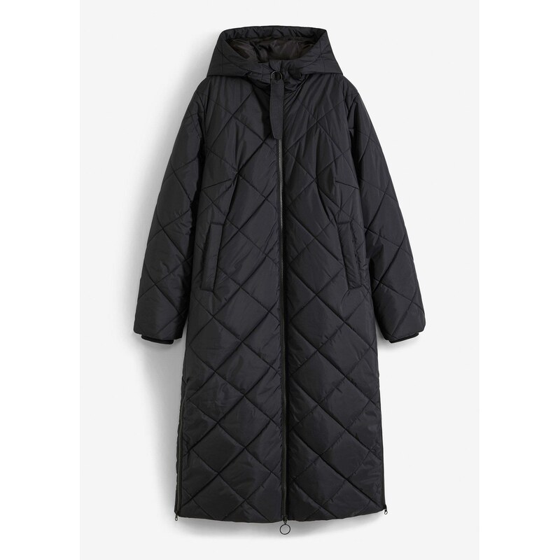 bonprix Dlhý prešívaný kabát s kapucňou, farba čierna 46202241