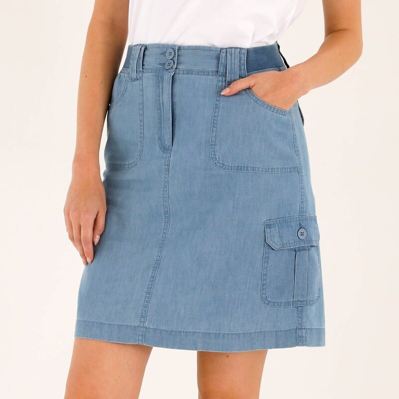 Krátka džínsová sukňa s vreckami zapratá modrá 054 Blancheporte 67387668